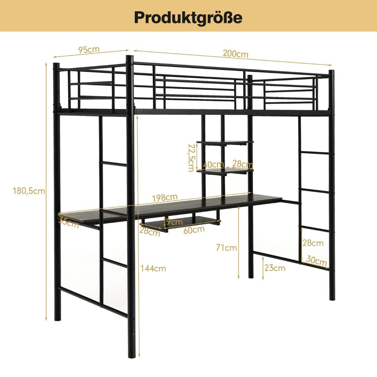 Bunk bed frame loft bed made of metal with desk ladders and railing black