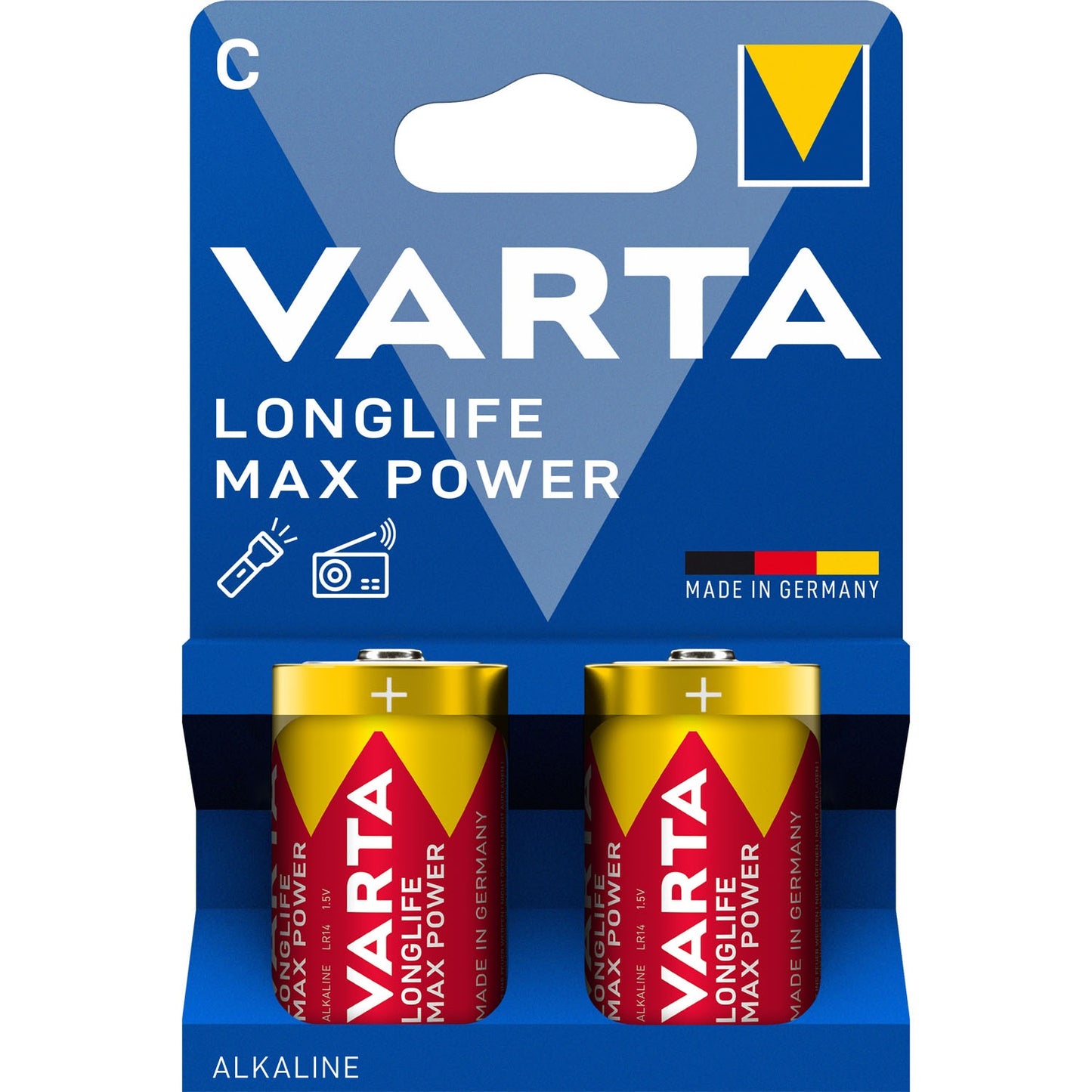 C Batteries, Longlife Max Power, 2-Pack, 1.5V Alkaline