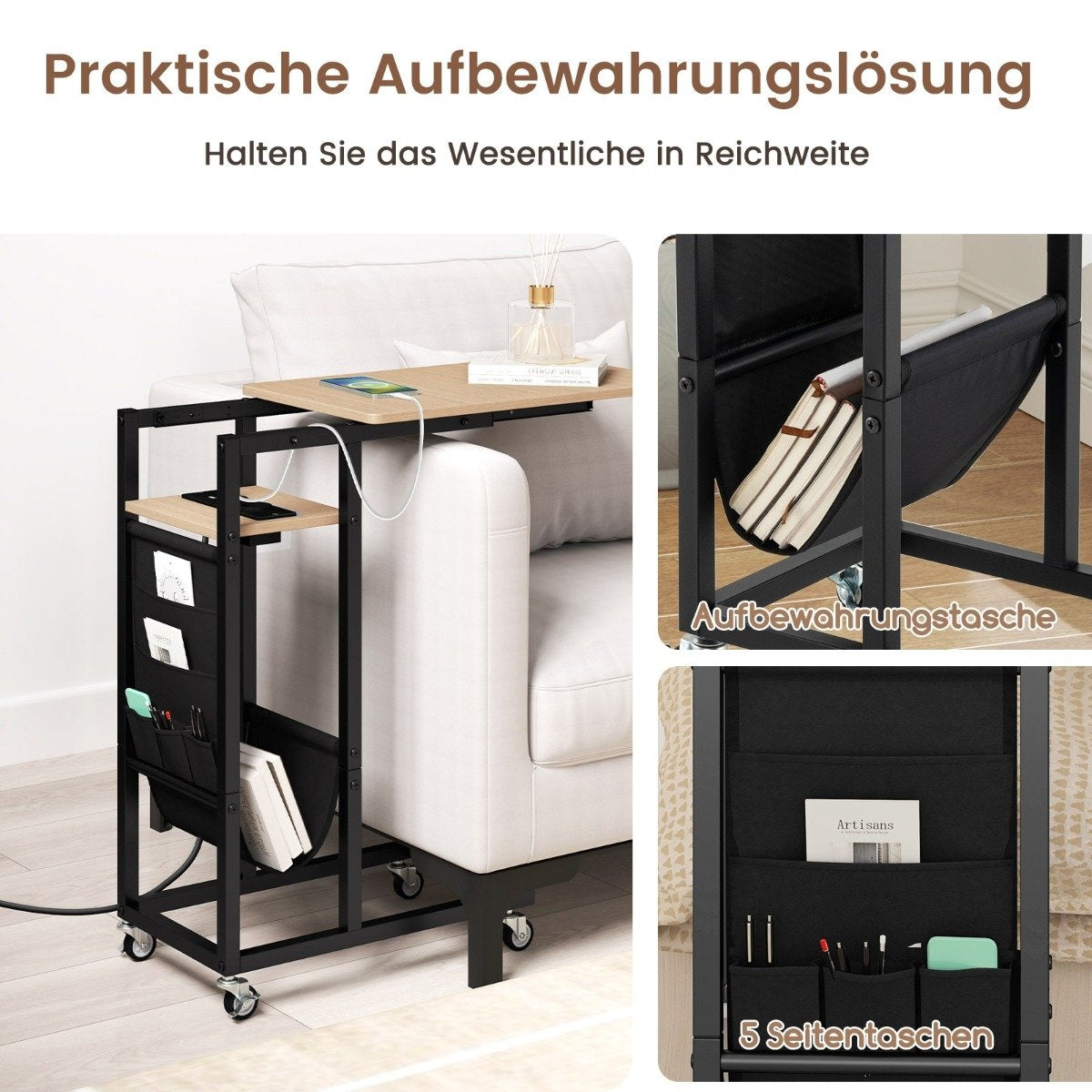 C-Shaped Side Table with Charging Station & Storage Pocket