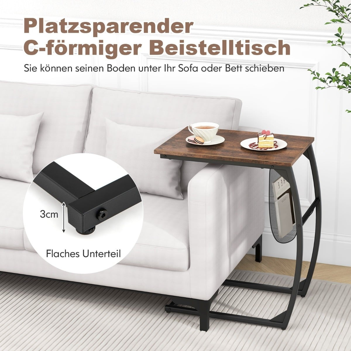 C-Shaped Side Table with Pocket, Space-Saving Design
