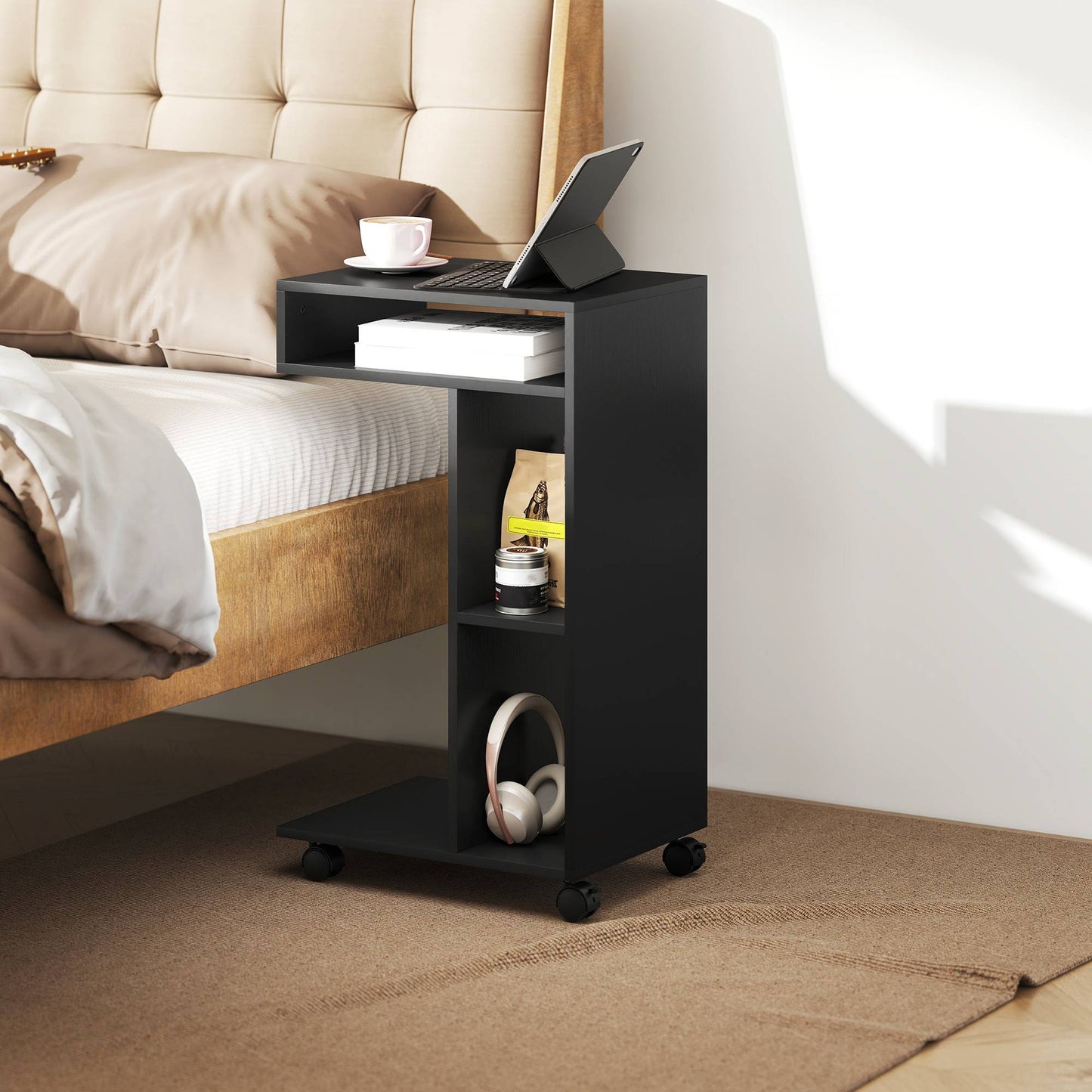 C-Shaped Side Table with Wheels, 3 Shelves, 40x30x69 cm, Black