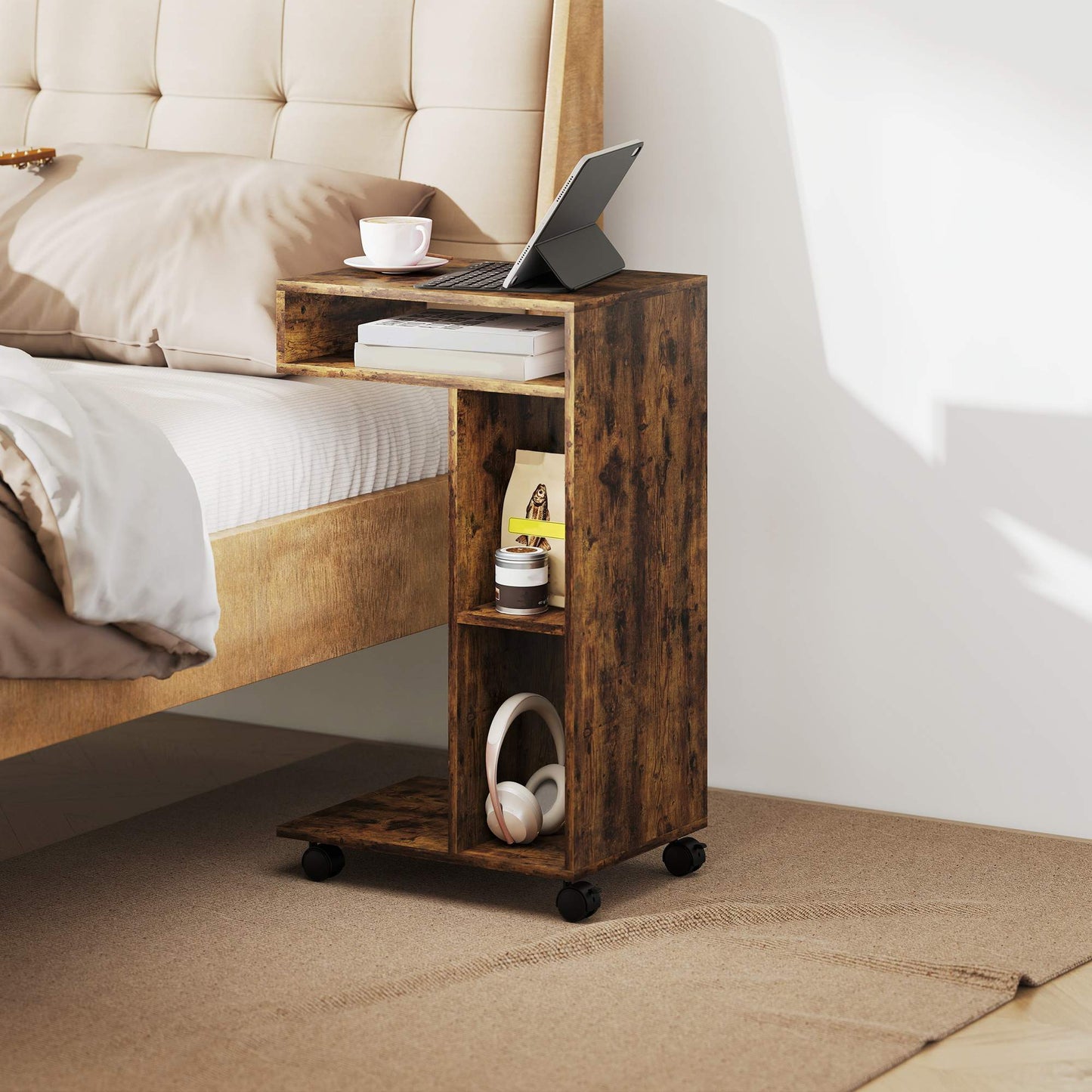 C-Shaped Side Table with Wheels, 3 Shelves, Rustic Brown