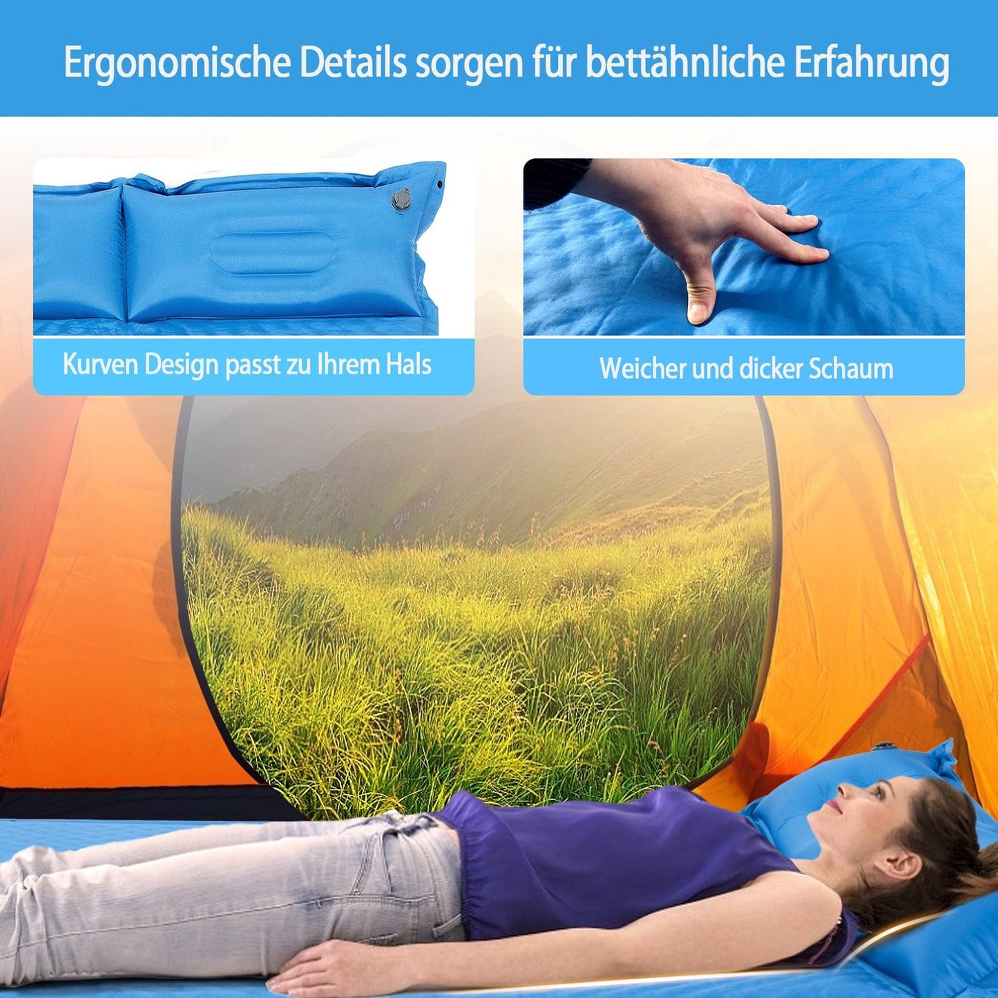 Camping Mat with Pillow 2 Person Self-Inflating Camping Mat Camping Sleeping Mat 187x131x4cm Blue