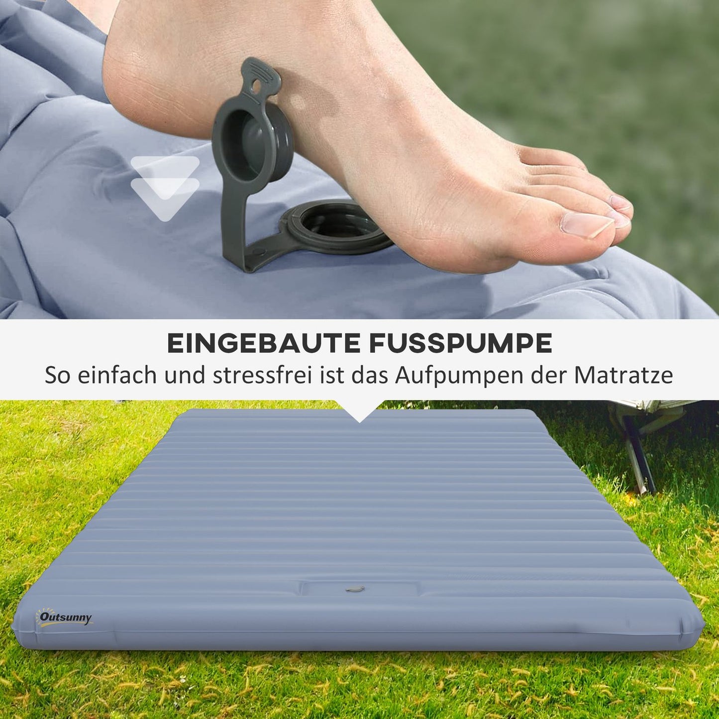 Self-inflating camping sleeping mat for 2, foot pump, blue