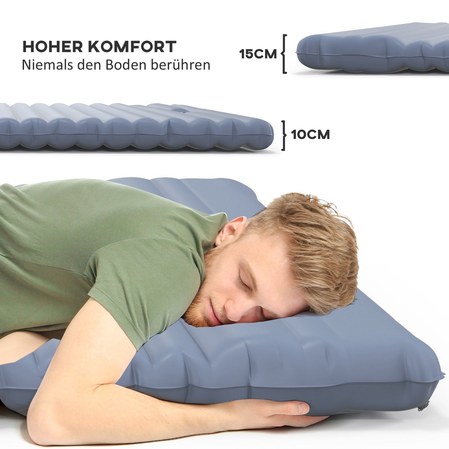 Self-inflating camping sleeping mat for 2, foot pump, blue