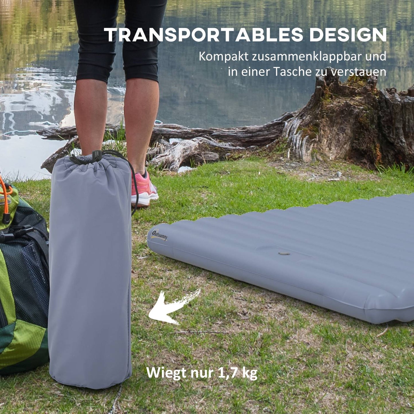 Self-inflating camping sleeping mat for 2, foot pump, blue