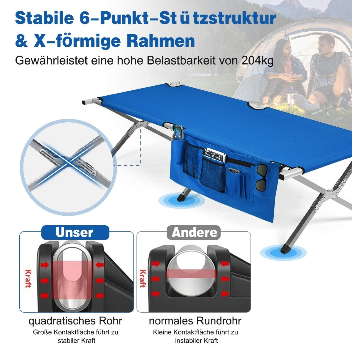 Camping bed camp bed folding bed lounger bed camping lounger loadable up to 204 kg 190 x 73 x 42cm blue