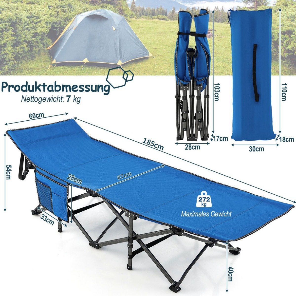 Camping bed, durable travel bed with headrest, 190 x 70 x 54 cm, blue