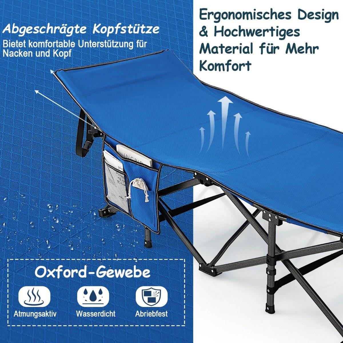 Camping bed, durable travel bed with headrest, 190 x 70 x 54 cm, blue