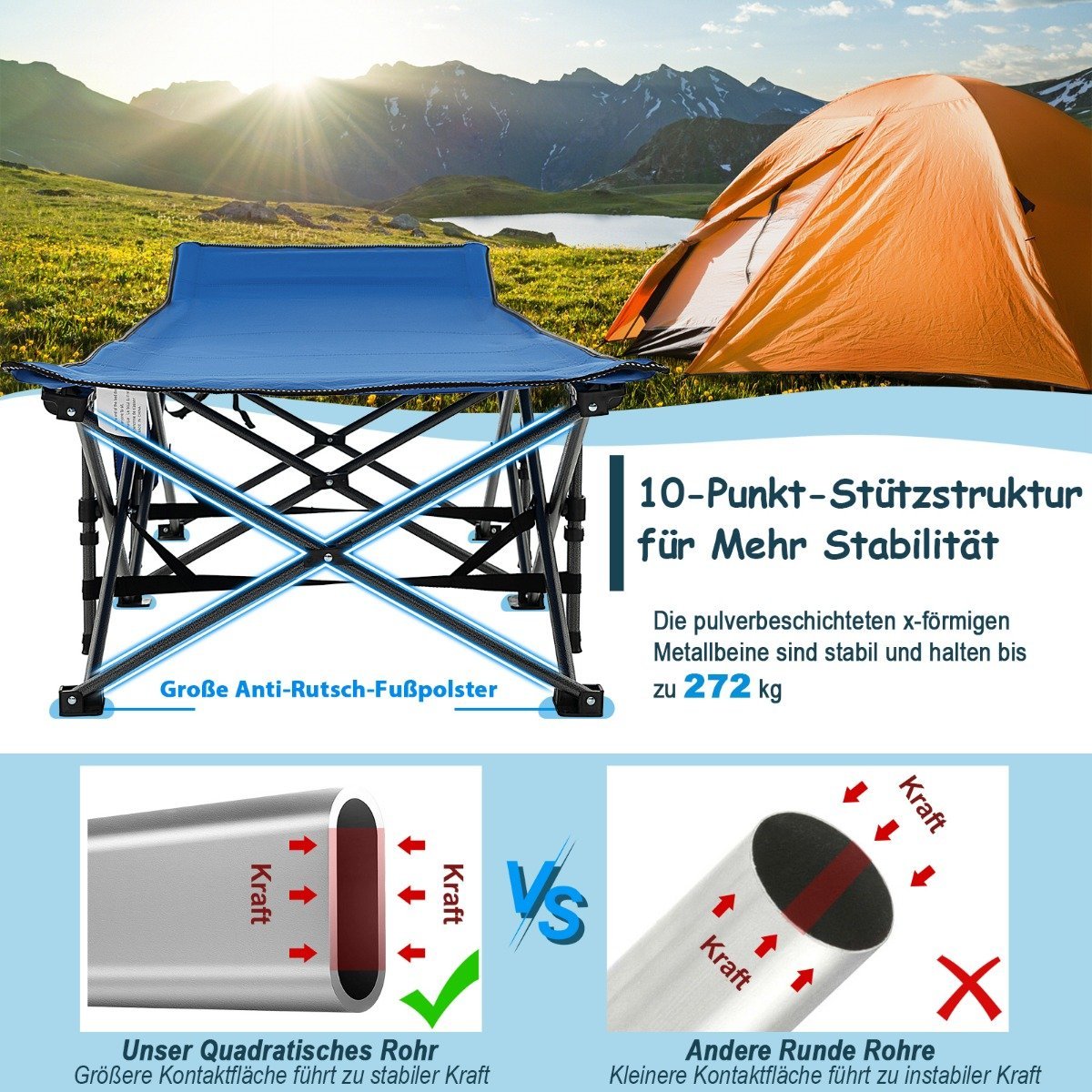 Camping bed, durable travel bed with headrest, 190 x 70 x 54 cm, blue