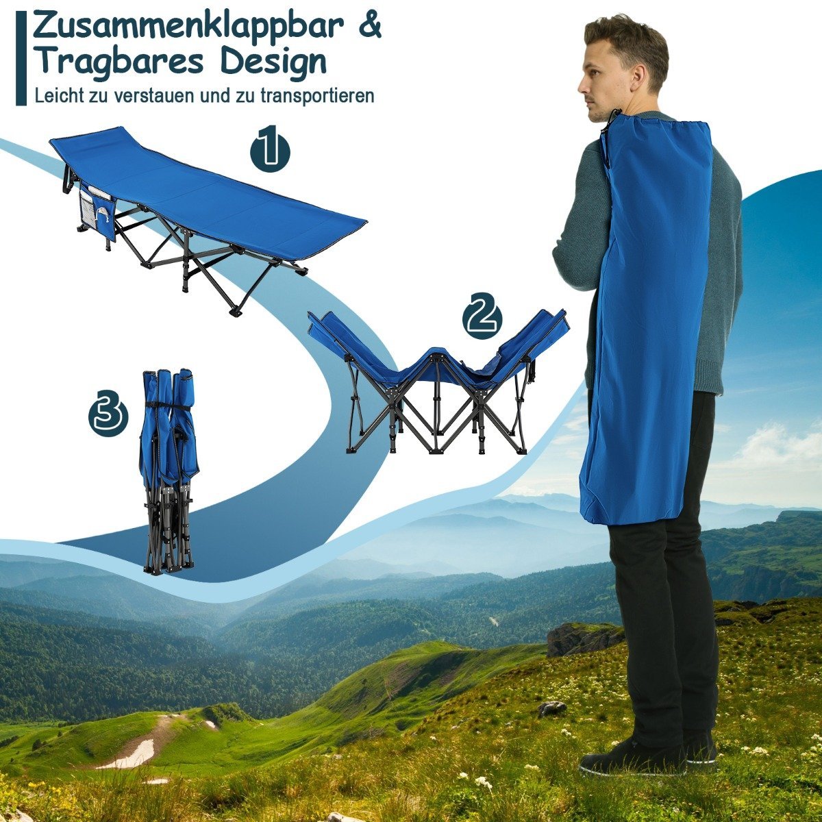 Camping bed, durable travel bed with headrest, 190 x 70 x 54 cm, blue
