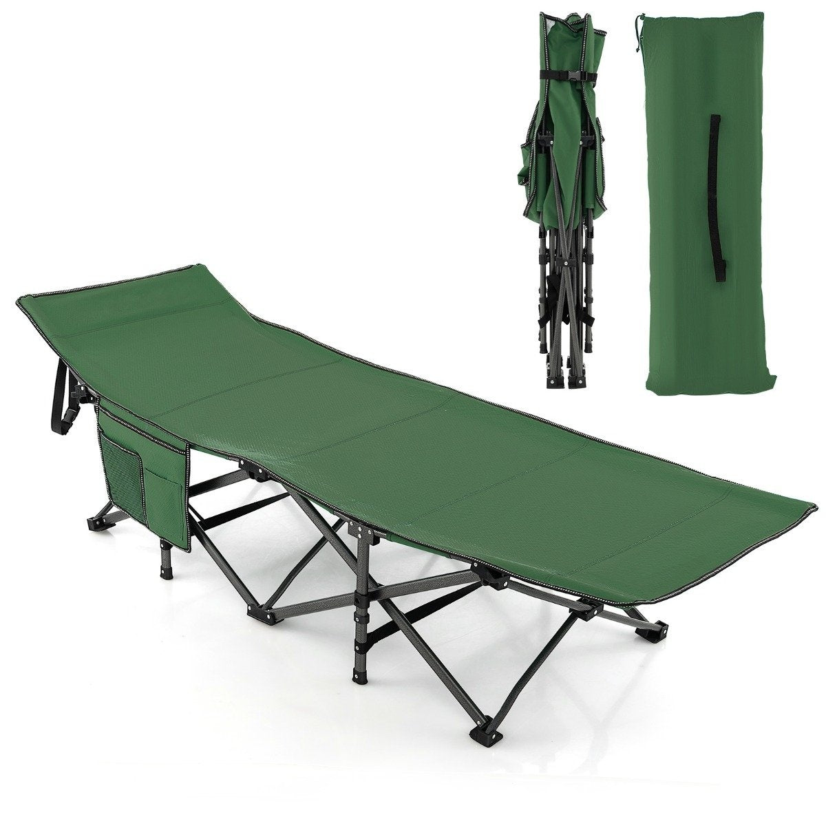 Camping bed durable travel bed with headrest 190 x 70 x 54 cm green