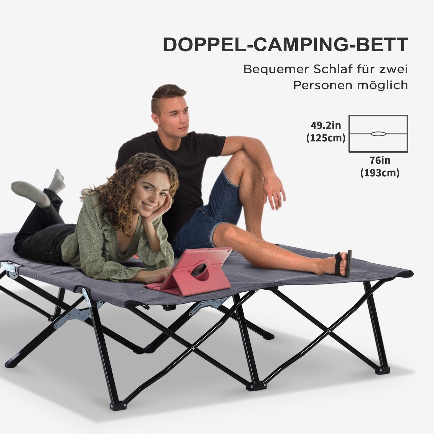 Folding camping bed for 2, 136 kg capacity, with bag