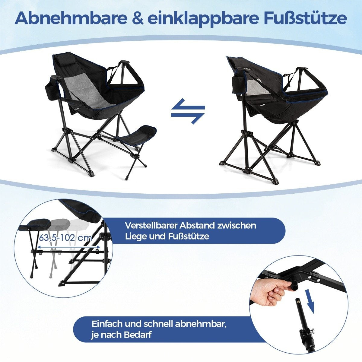 Camping chair with footrest & adjustable backrest & headrest & cup holder fishing chair black
