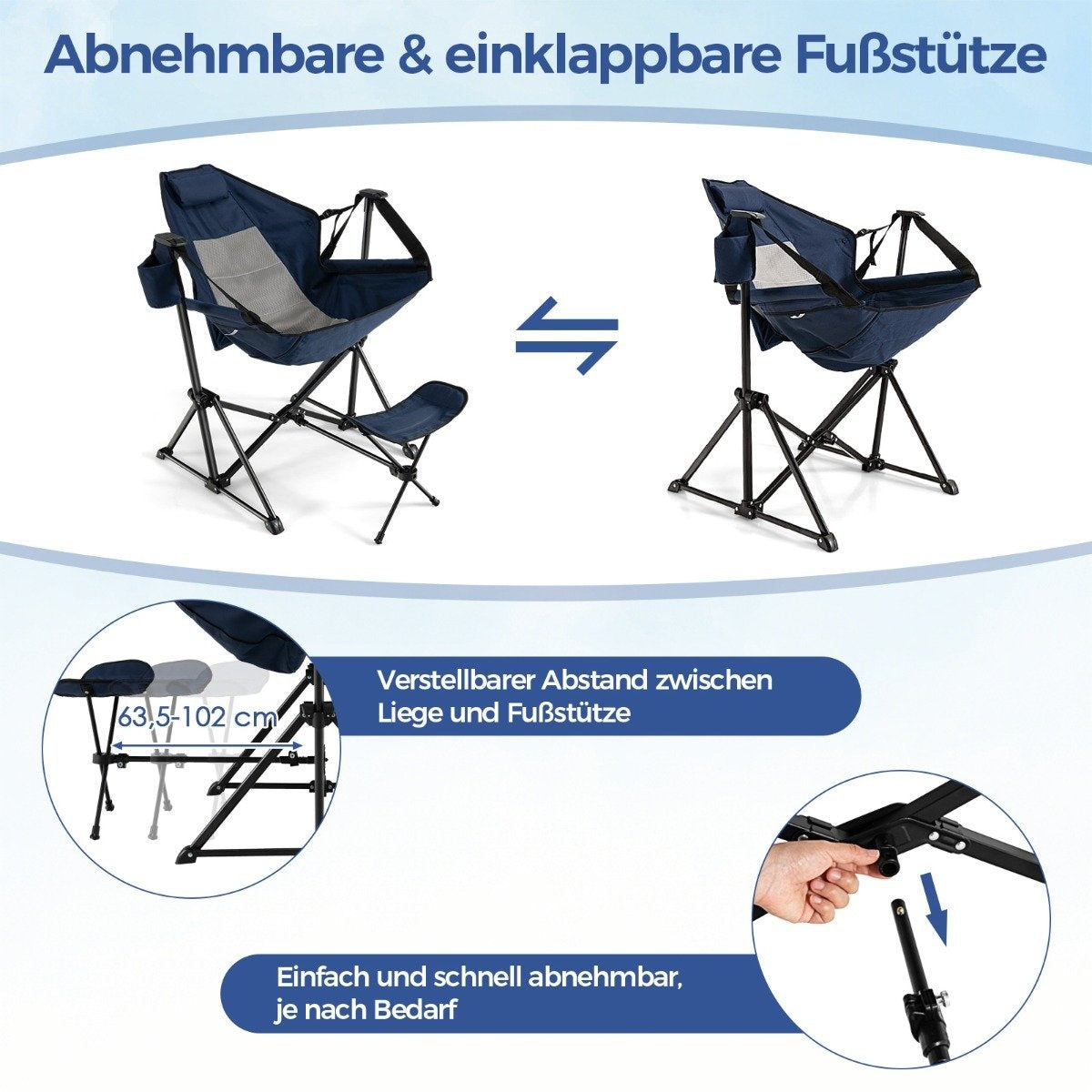 Camping chair with footrest & adjustable backrest & headrest & cup holder fishing chair navy blue