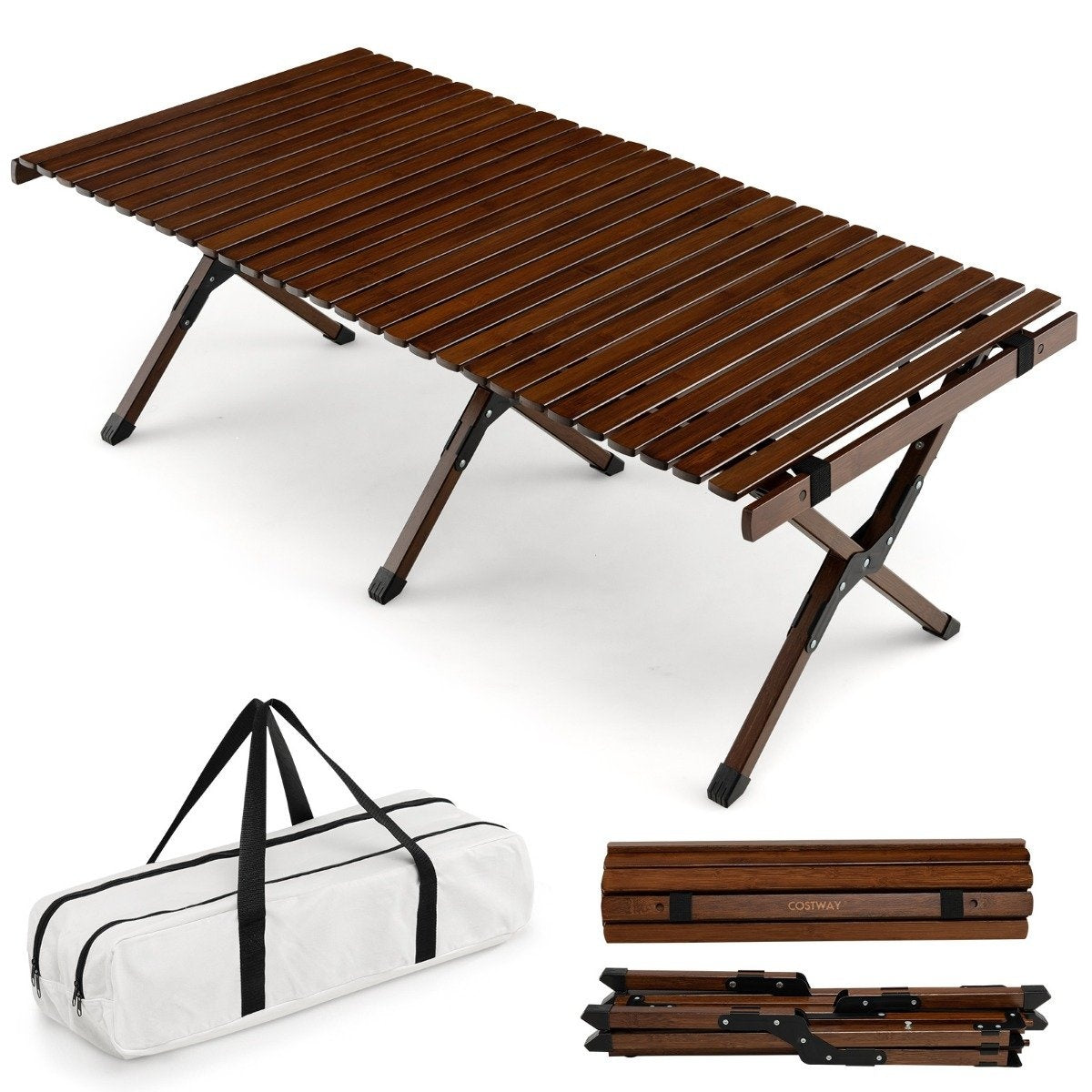 Camping table folding picnic table with carry bag roll-up bamboo table 122 x 60 x 43.5 cm coffee