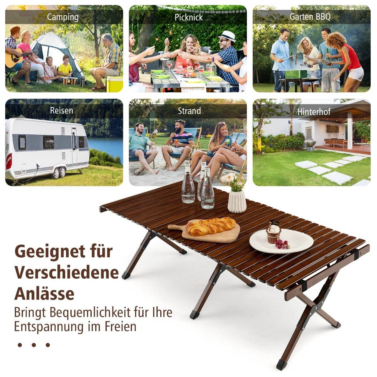 Camping table folding picnic table with carry bag roll-up bamboo table 122 x 60 x 43.5 cm coffee
