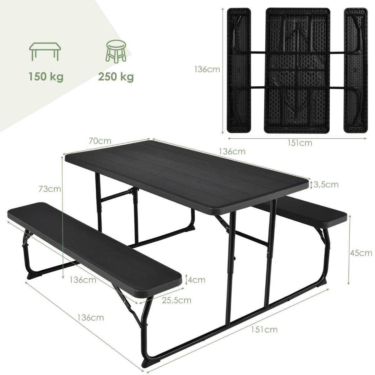 Camping table set folding picnic table with benches black