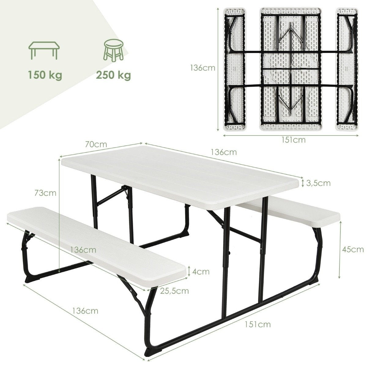 Camping table set folding picnic table with benches white