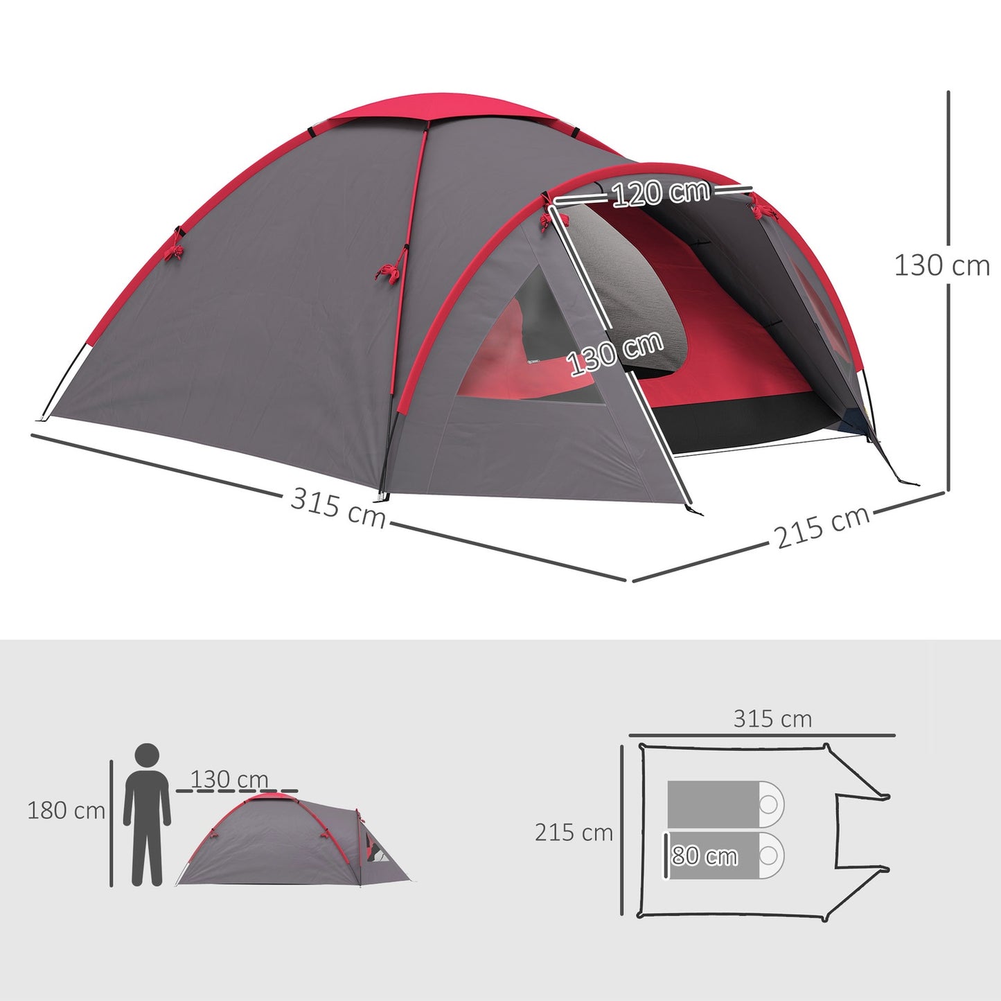 Camping tent for 3 people, lightweight, stable, waterproof, UV 50+, with canopy, door, window, groundsheet, grey