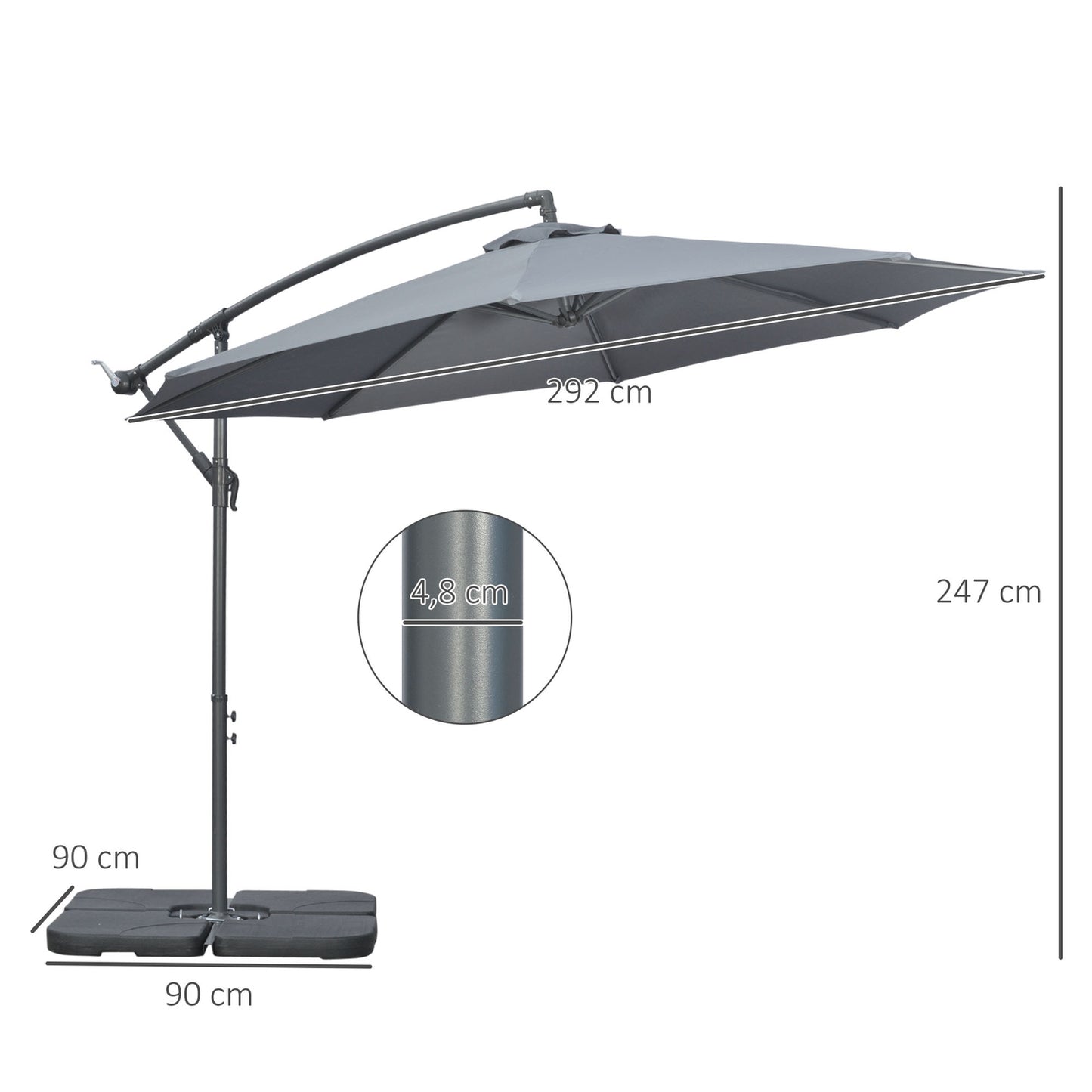 Cantilever Umbrella 2.92M steel, dark grey, wind resistant cover