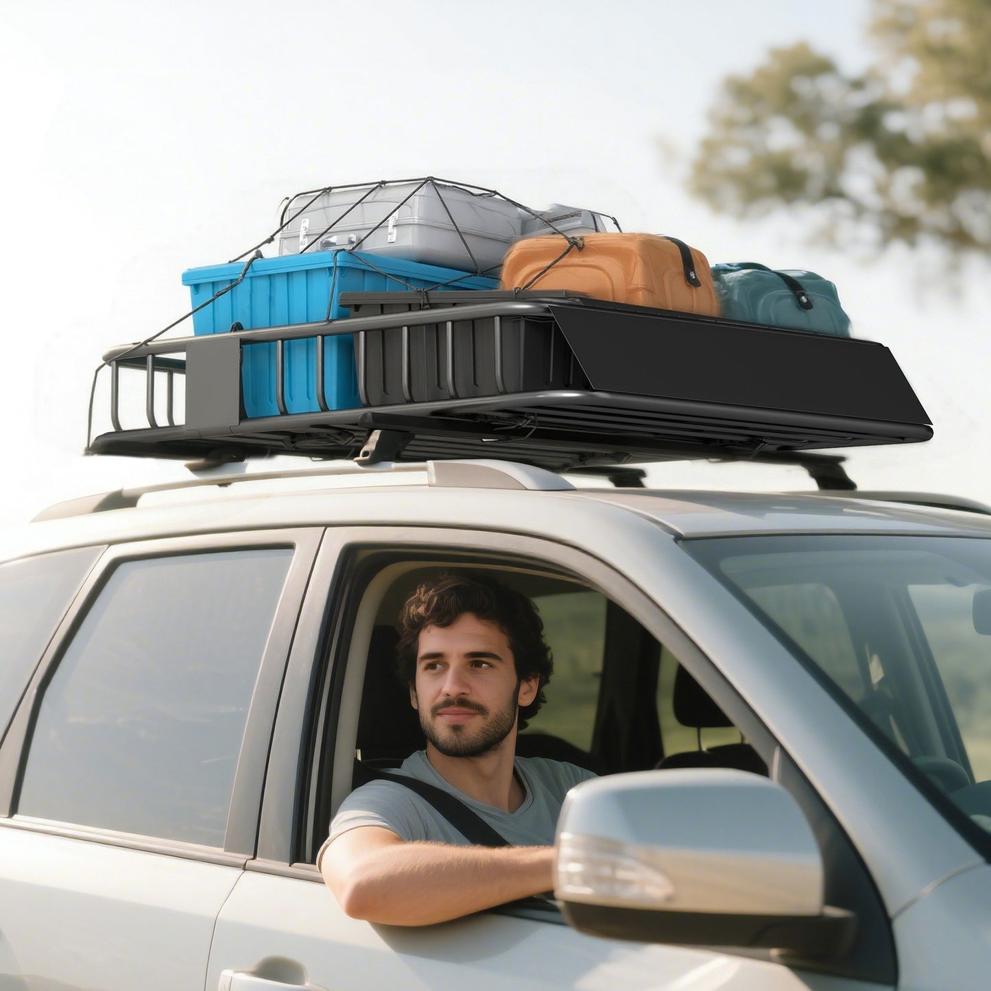 Car Roof Cargo Basket, Steel, 90.7 kg Capacity, Black