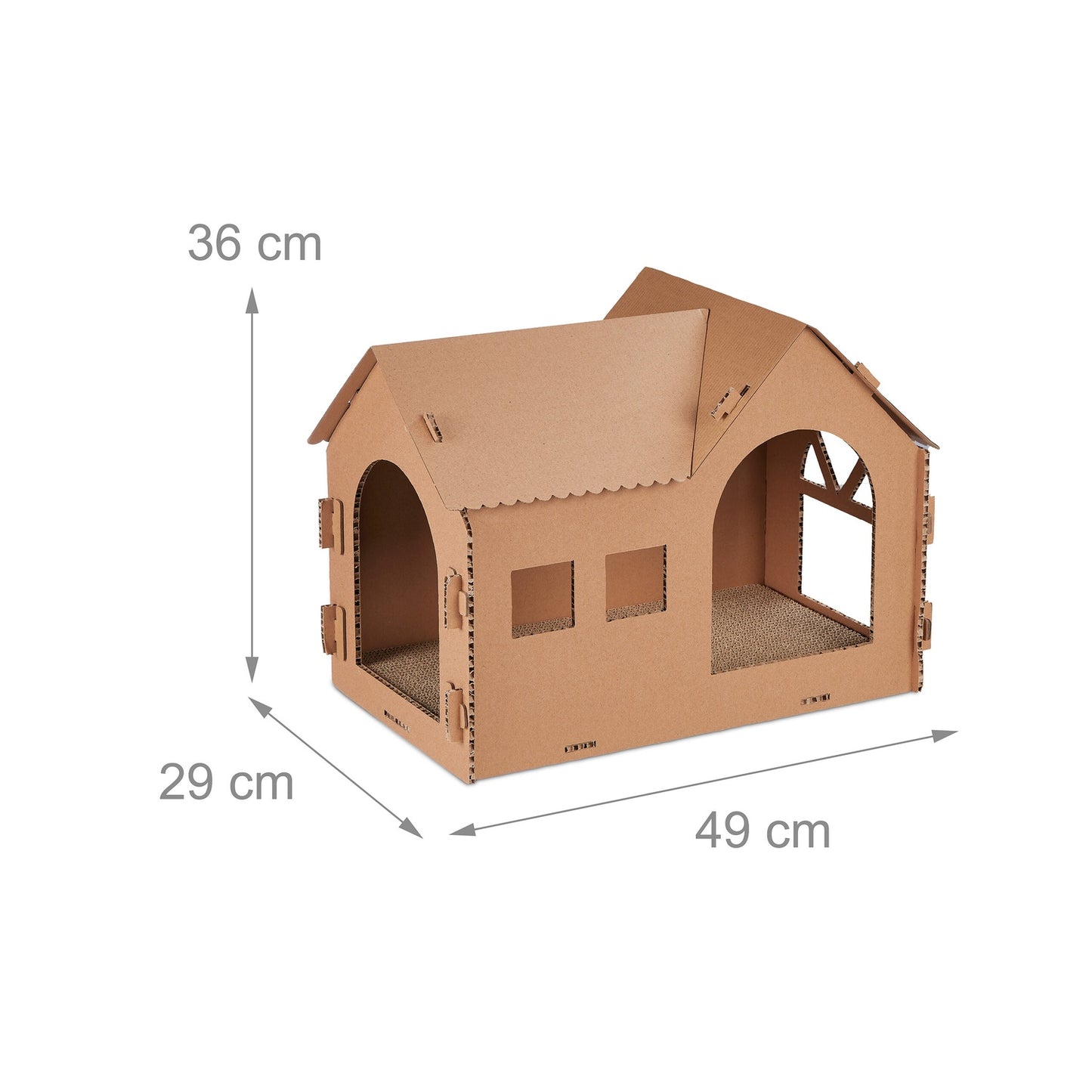 Cardboard cat house with scratching board