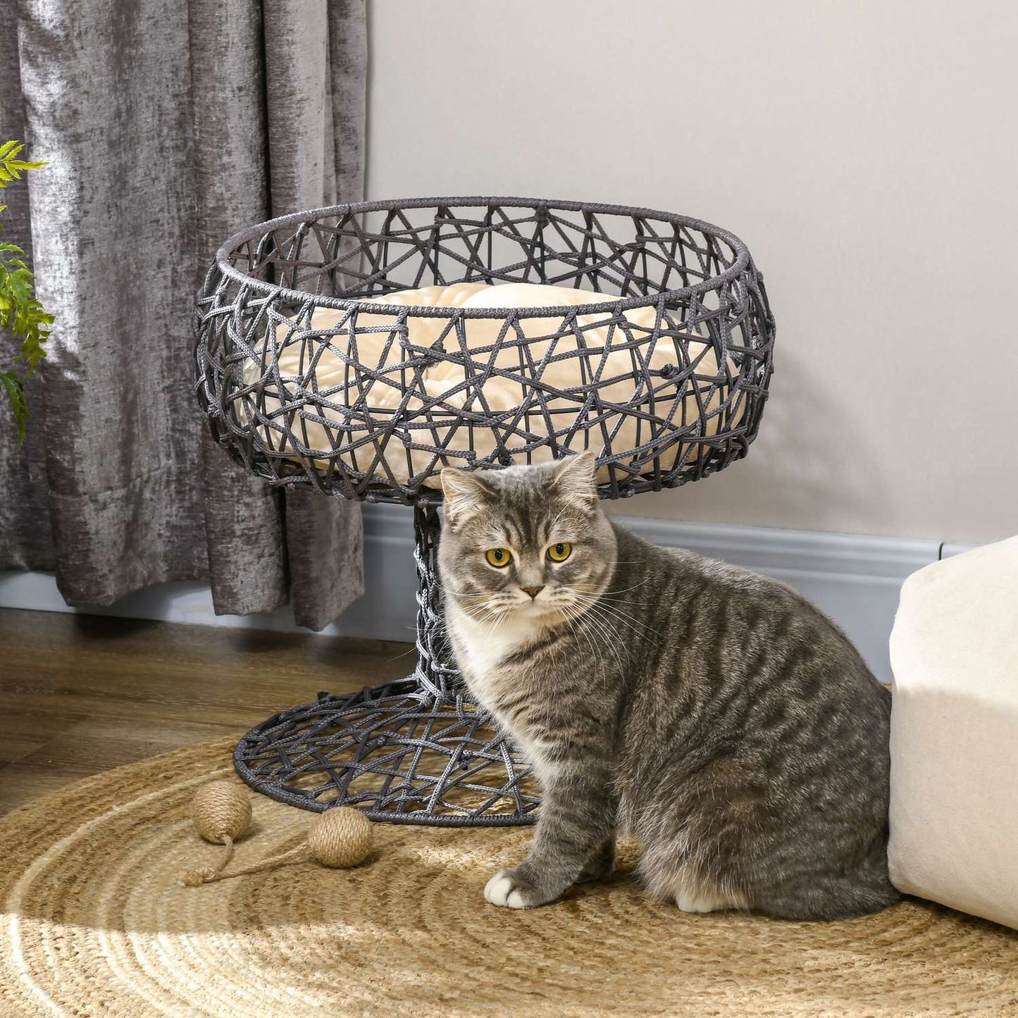Elevated cat bed - wine glass shape, soft cushion, steel, purple