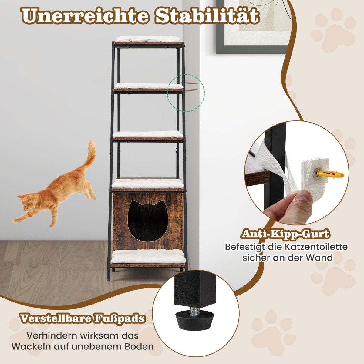 Cat Cabinet with Ladder Shelf and Litter Box Storage, Brown