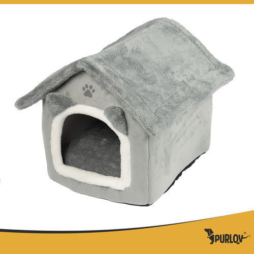 Cat House Bed with Removable Roof and Cushion, Gray
