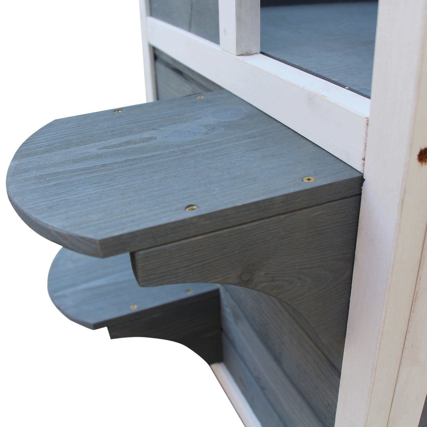 Gray wooden cat house with stairs and windows, 2 floors