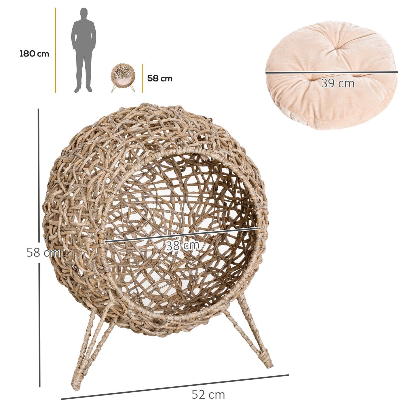 Natural PE rattan house with cushions, raised feet