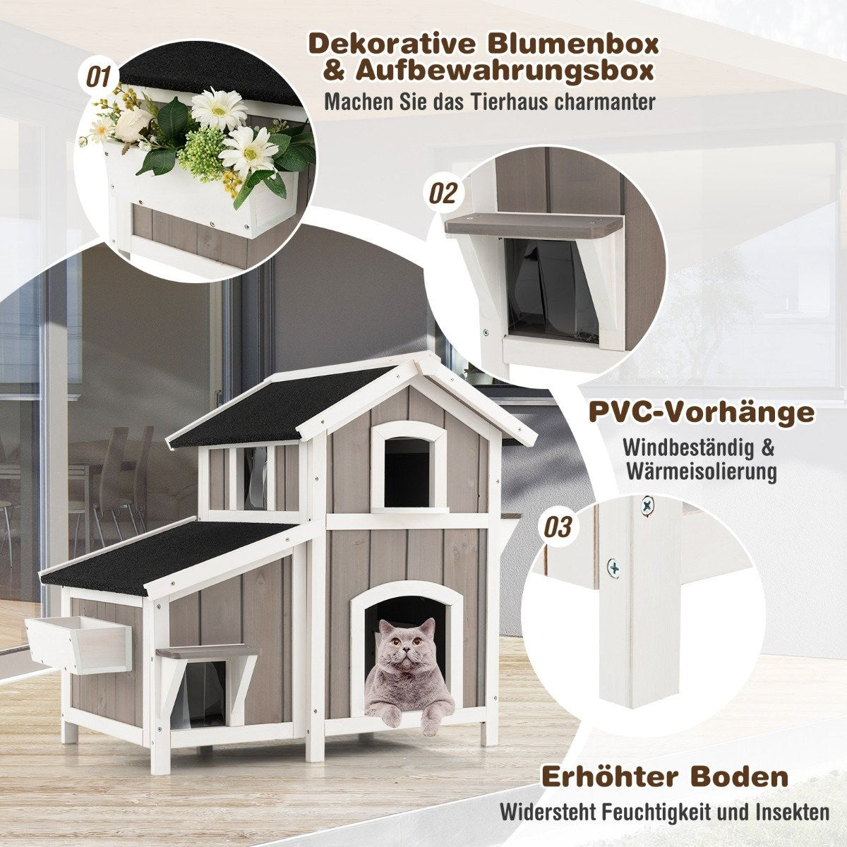 Cat House Outdoor 2-story Cat Hut Cat Villa with Asphalt Roof Gray 100 x 64 x 82.5 cm