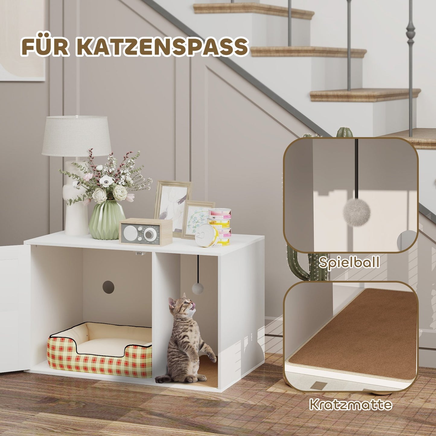 Cat Litter Box Enclosure, Rattan Door, Scratch Pad, White