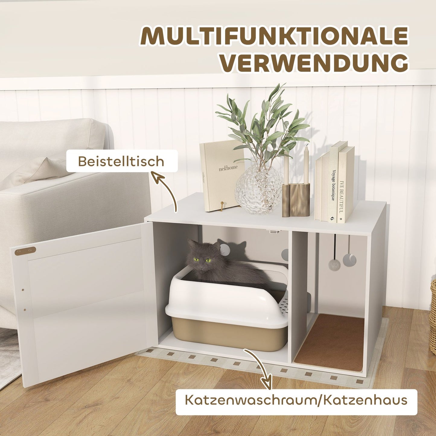 Cat Litter Box Enclosure, Rattan Door, Scratch Pad, White