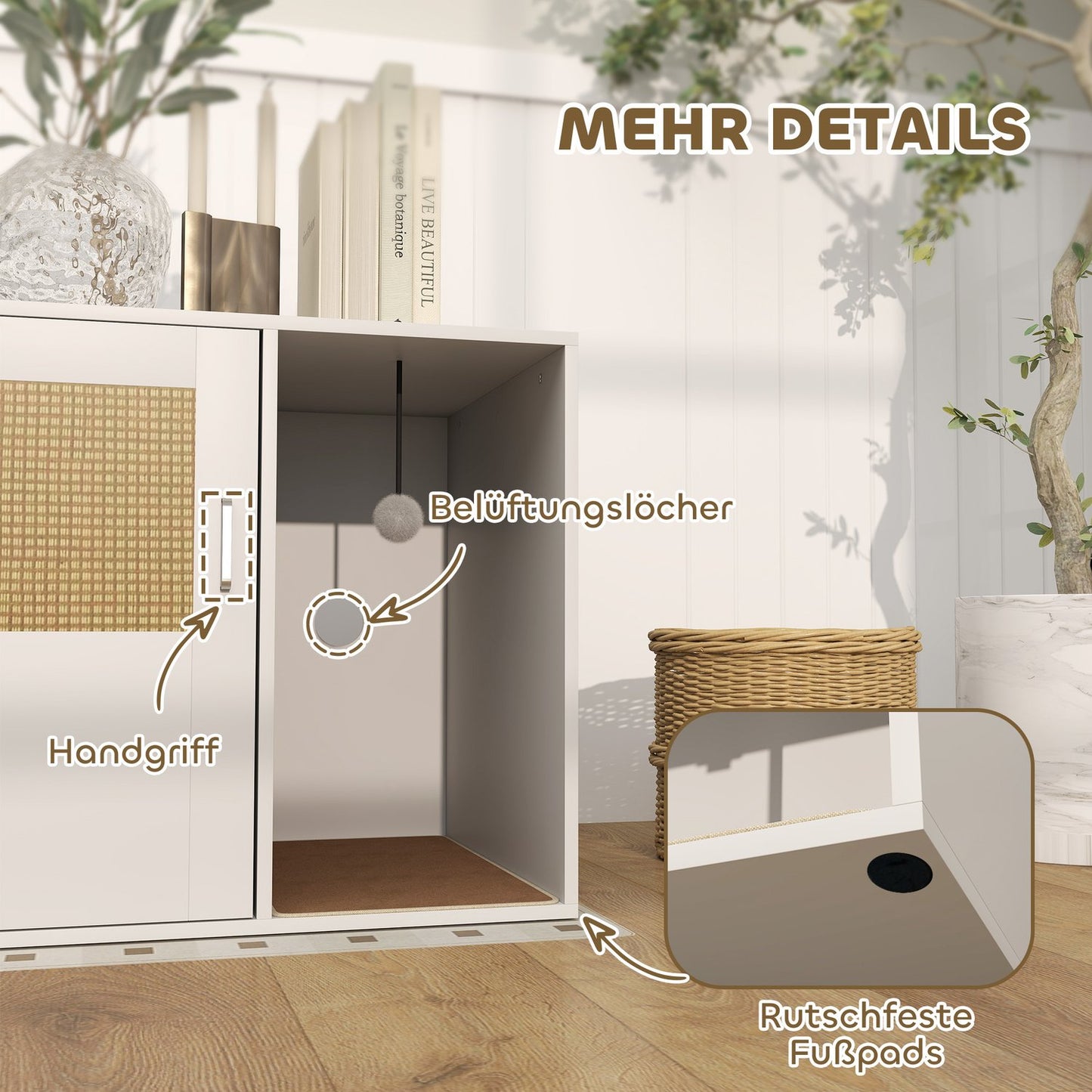 Cat Litter Box Enclosure, Rattan Door, Scratch Pad, White