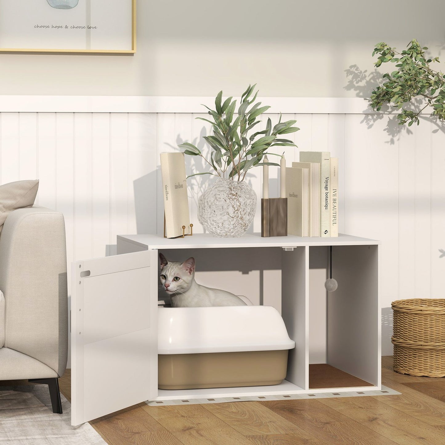 Cat Litter Box Enclosure, Rattan Door, Scratch Pad, White