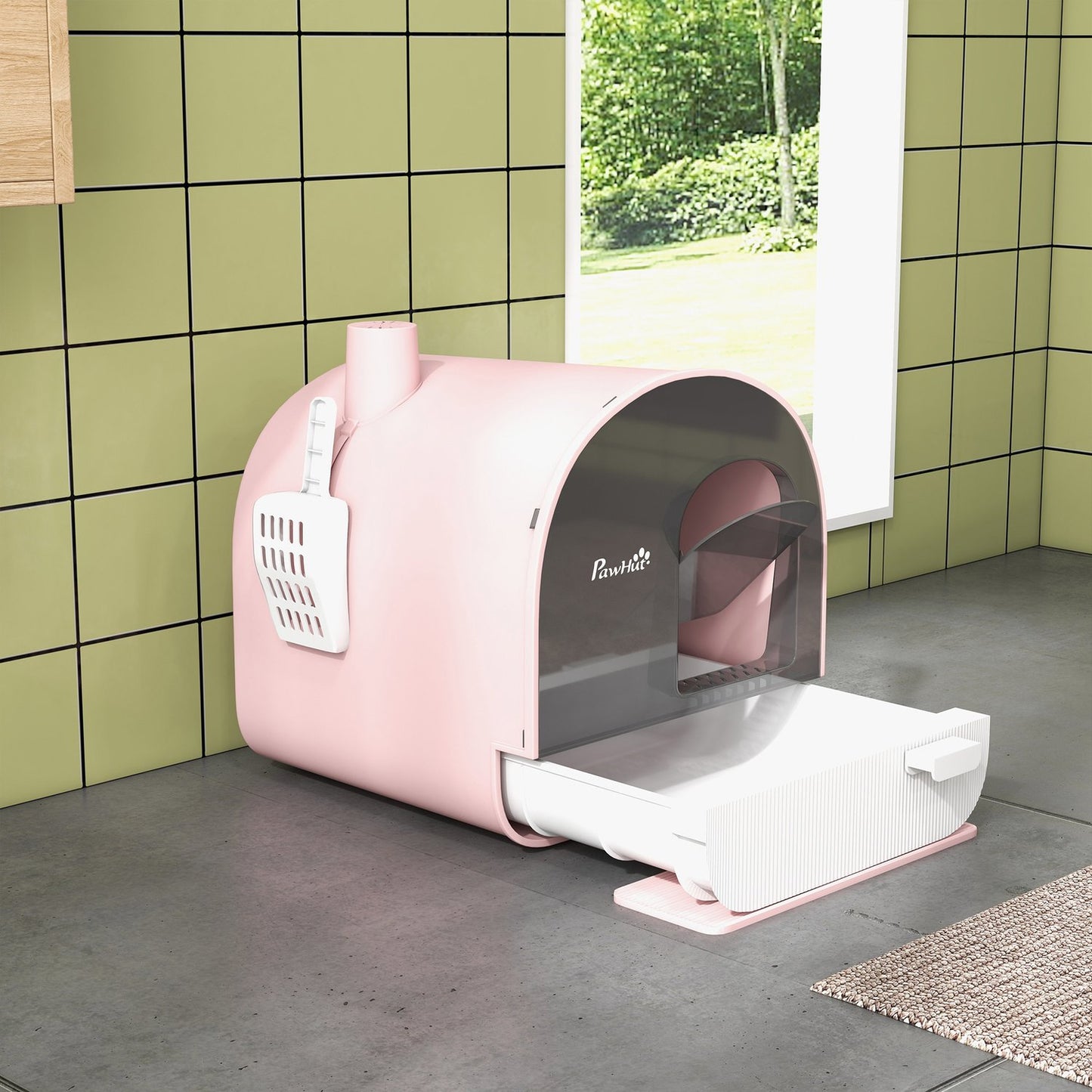 Pink cat litter box with pull-out tray and mat, 5 kg capacity