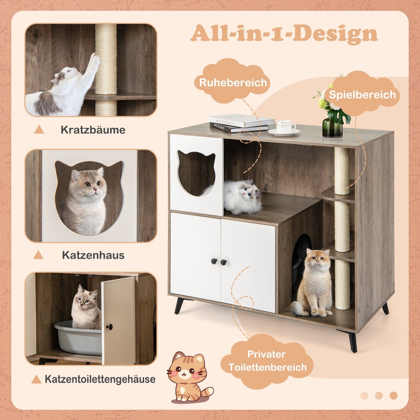 Cat Litter Cabinet with 3 Sisal Scratching Posts, Gray/White