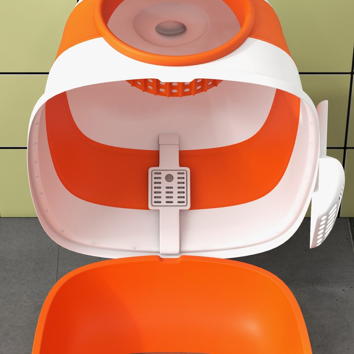 Covered cat litter box with odor remover and scoop
