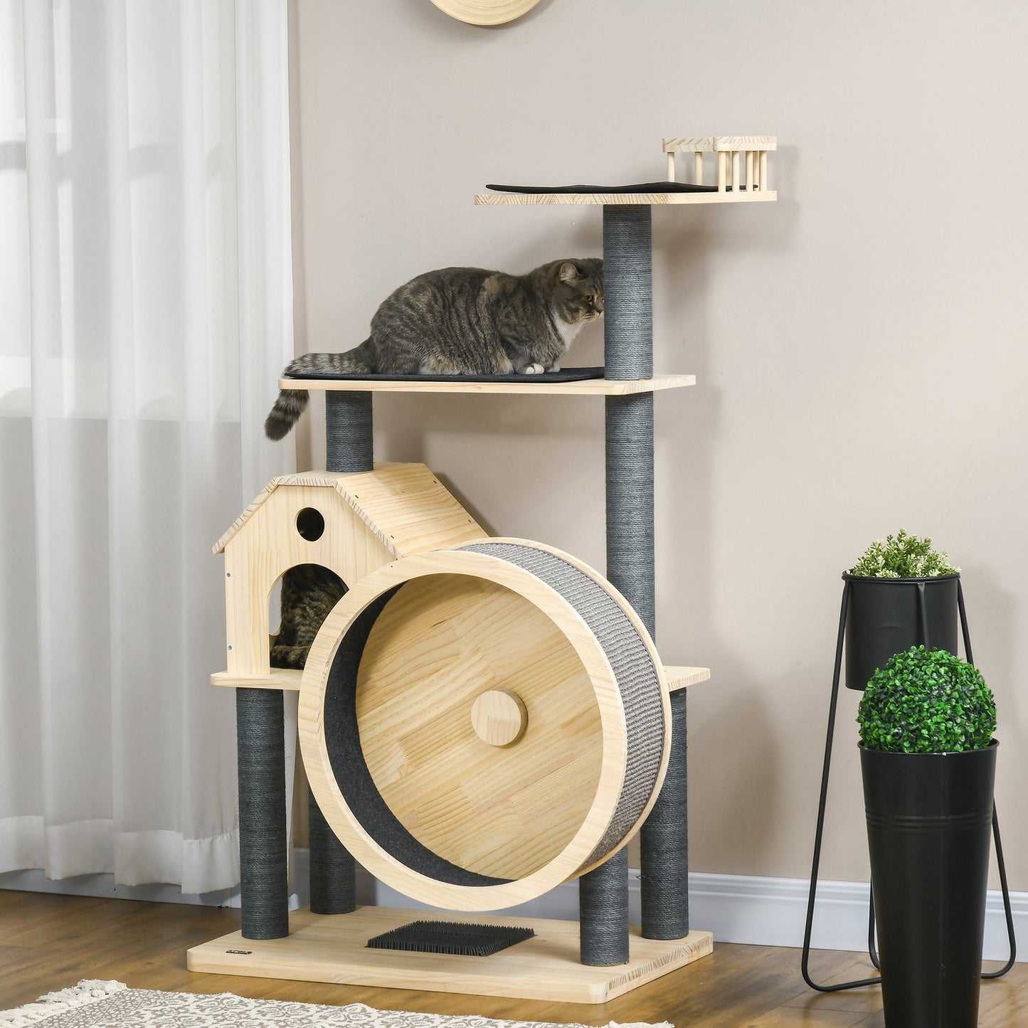 Cat Scratching House on wheels, sisal, pine, 4 floors