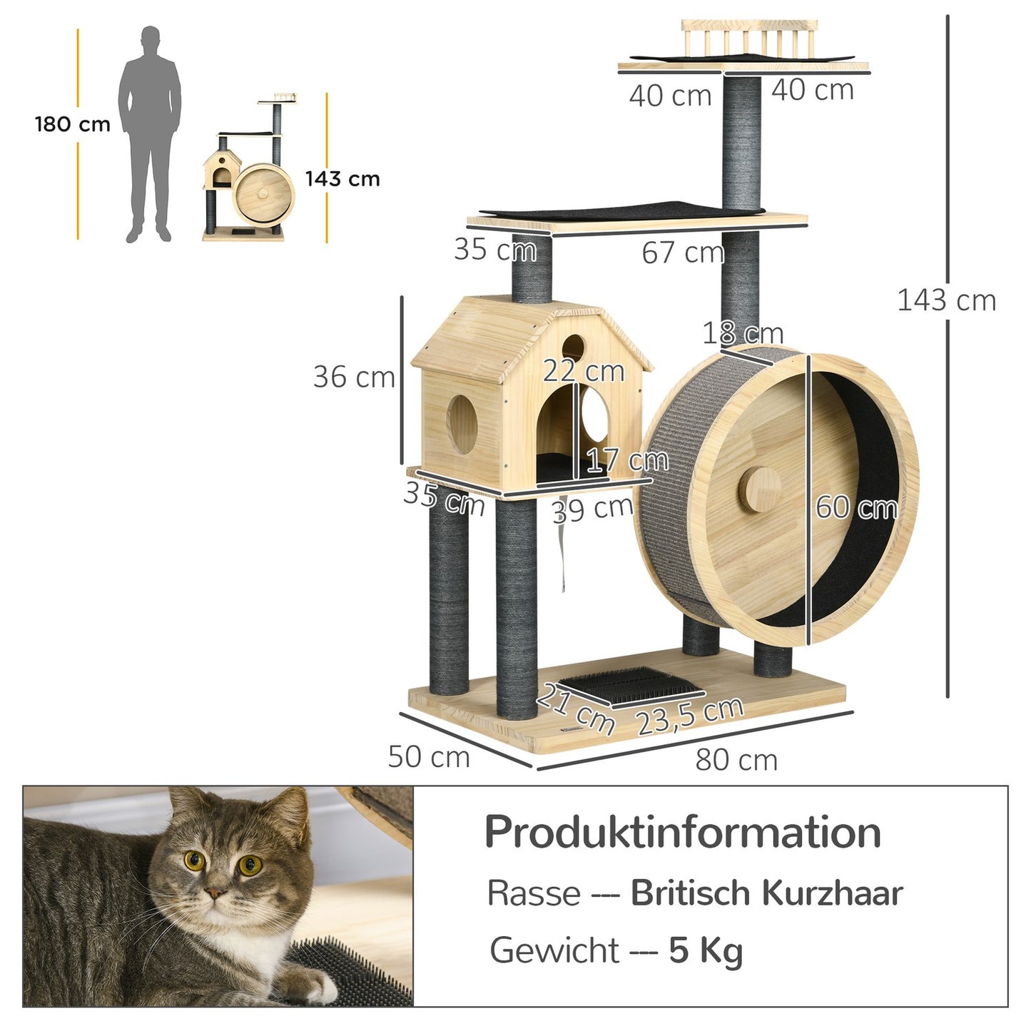 Cat Scratching House on wheels, sisal, pine, 4 floors