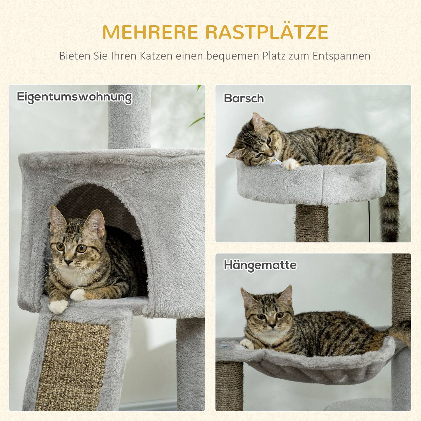 Cat scratching tree with cave & sisal, 113 cm, light grey