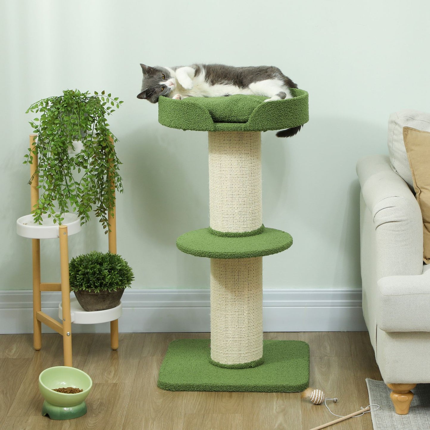 Cat Tree 91cm with Bed, Platforms, Sisal Posts, Green
