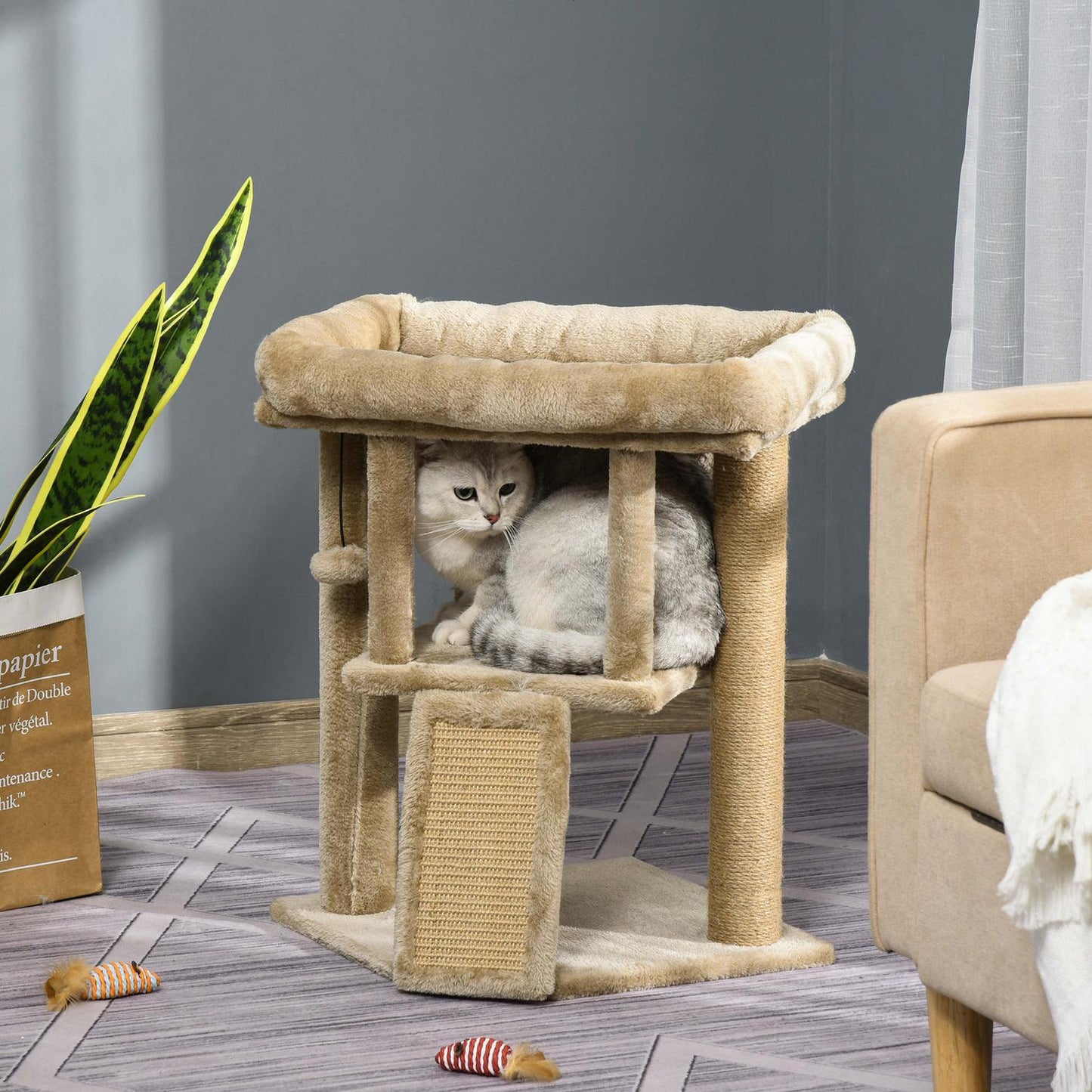 Cat tree with jute scratching mat, plush perch and door hole
