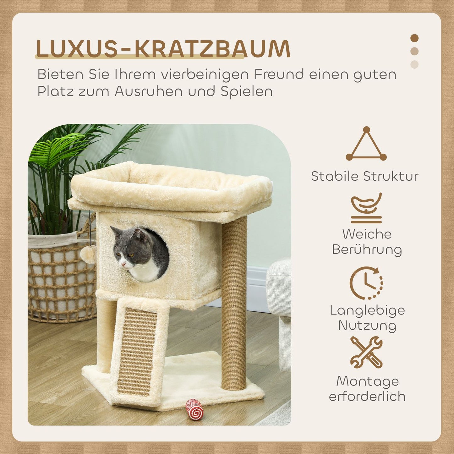 Cat Tree with Jute Scratching Mat, Bed, Toy Ball, Beige