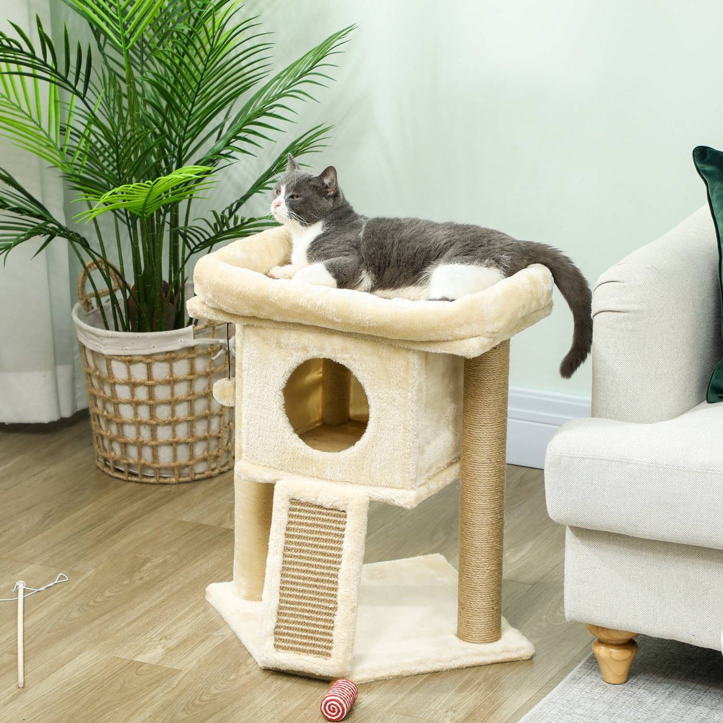 Cat Tree with Jute Scratching Mat, Bed, Toy Ball, Beige