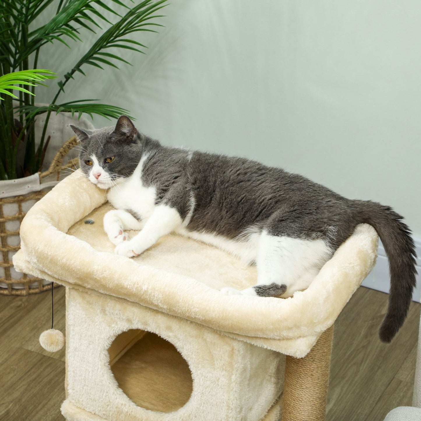 Cat Tree with Jute Scratching Mat, Bed, Toy Ball, Beige