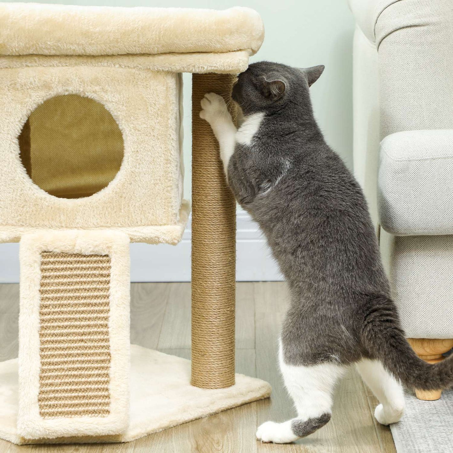 Cat Tree with Jute Scratching Mat, Bed, Toy Ball, Beige