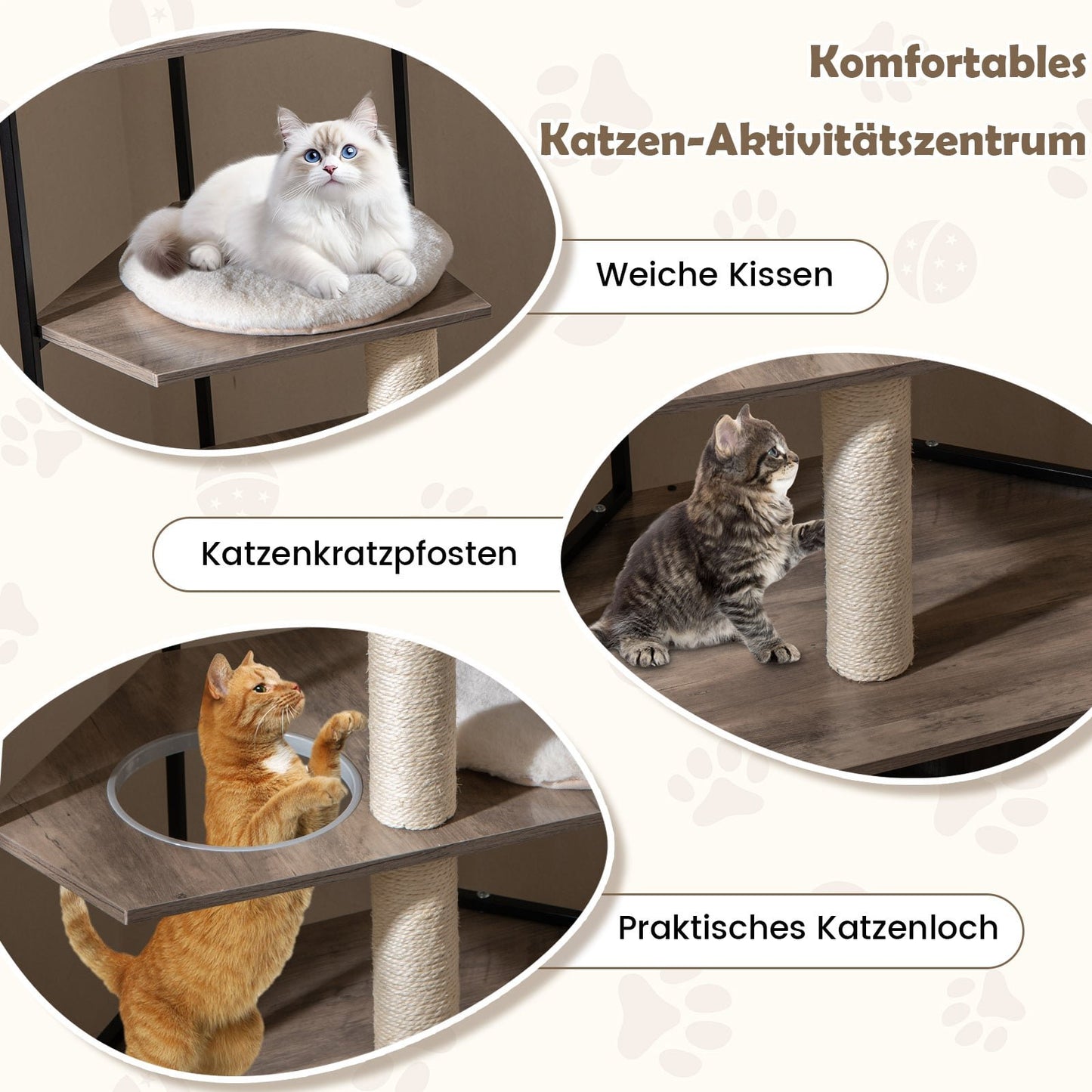Cat Tree with Litter Box Cabinet, Scratch Posts, Cushions